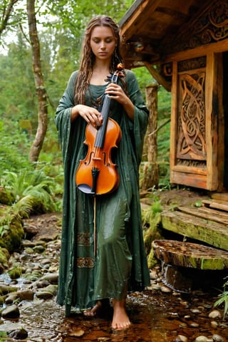 1 girl,wet Druidas,holding wet Ancient violin,
Picture an ancient wet Celtic female wet druid, adorned in flowing wet robes of earthy tones, adorned with intricate Celtic symbols and patterns,
 dwelling in a small log house hidden within the forest depths,aesthetic,soakingwetclothes