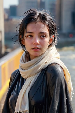 low quality photo, film grain, blur, A wet woman wrapped in a cream-colored wet wool scarf, wool scarf,  with a wet black overcoat draped over her wet shoulders. Her gaze is pensive, her wet black hair tousled by the wind, wet bare face, against an urban backdrop, sunlit face,girlvn,wet korean girl,more detail XL,soakingwetclothes