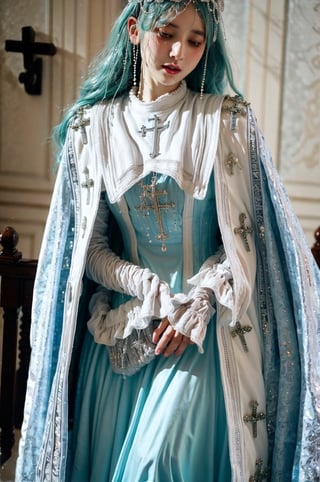 eyeliner, (long icy blue hair), curvy, wearing garb_g1, elaborate brocade A Line corset gown and robe, crystals, charms, rhinestone crosses, embroidery, bib, full neckline, full length skirt, frills, headdress with dangling beads, , church, praying,garb_g1,photorealistic, ,SoakingWetClothes, (( wet clothes, wet hair, wet girl, in water, soaked))