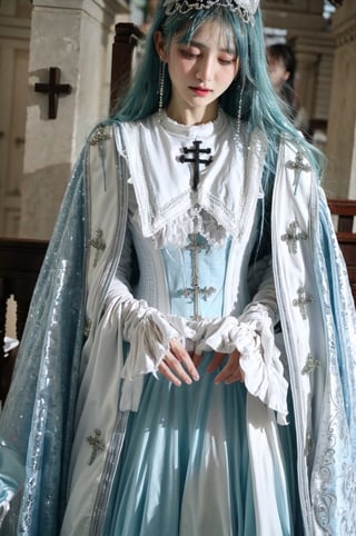 eyeliner, (long icy blue hair), curvy, wearing garb_g1, elaborate brocade A Line corset gown and robe, crystals, charms, rhinestone crosses, embroidery, bib, full neckline, full length skirt, frills, headdress with dangling beads, , church, praying,garb_g1,photorealistic, ,SoakingWetClothes, (( wet clothes, wet hair, wet girl, in water, soaked))