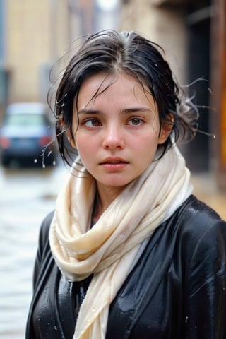 low quality photo, film grain, blur, A wet woman wrapped in a cream-colored wet wool scarf, wool scarf,  with a wet black overcoat draped over her wet shoulders. Her gaze is pensive, her wet black hair tousled by the wind, wet bare face, against an urban backdrop, sunlit face,girlvn,wet korean girl,more detail XL,soakingwetclothes