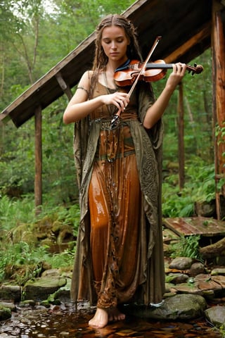 1 girl,wet Druidas,holding wet Ancient violin,
Picture an ancient wet Celtic female wet druid, adorned in flowing wet robes of earthy tones, adorned with intricate Celtic symbols and patterns,
 dwelling in a small log house hidden within the forest depths,aesthetic,soakingwetclothes