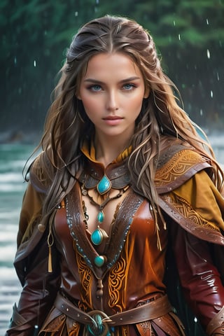 captivating depiction of a wet woman dressed in ancient wet Viking attire. Her stunning wet  figure is adorned with intricate Viking wet  clothing cloak and accessories, showcasing the rich history and unique style of this ancient civilisation. The wet woman's beautiful, Scandinavian wet face radiates confidence and attractiveness, reflecting the strength and resilience of Viking wet women. Her flowing, uncombed wet hair cascades around her, emphasising her wild and independent spirit. The composition emphasises the beauty of her wet body and wet facial features, capturing the intricate details of her wet outfit, from the fur-trimmed cloak to the intricate woven patterns. As a whole, the image exudes a sense of strength, beauty and grace, celebrating the timeless elegance of Viking culture.,soakingwetclothes