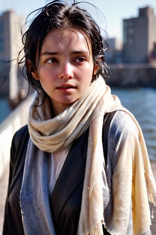 low quality photo, film grain, blur, A wet woman wrapped in a cream-colored wet wool scarf, wool scarf,  with a wet black overcoat draped over her wet shoulders. Her gaze is pensive, her wet black hair tousled by the wind, wet bare face, against an urban backdrop, sunlit face,girlvn,wet korean girl,more detail XL,soakingwetclothes