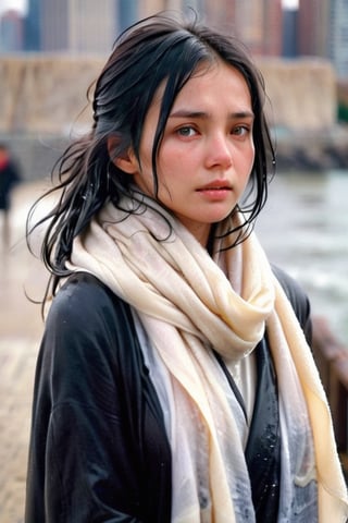 low quality photo, film grain, blur, A wet woman wrapped in a cream-colored wet wool scarf, wool scarf,  with a wet black overcoat draped over her wet shoulders. Her gaze is pensive, her wet black hair tousled by the wind, wet bare face, against an urban backdrop, sunlit face,girlvn,wet korean girl,more detail XL,soakingwetclothes