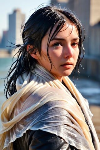 low quality photo, film grain, blur, A wet woman wrapped in a cream-colored wet scarf, with a wet black overcoat draped over her wet shoulders. Her gaze is pensive, her wet black hair tousled by the wind, wet bare face, against an urban backdrop, sunlit face,girlvn,wet korean girl,more detail XL,soakingwetclothes