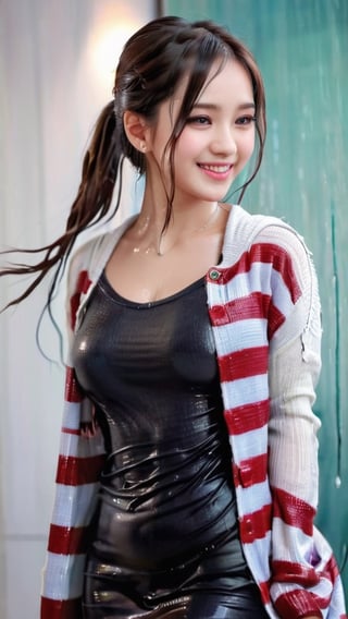 Beautiful and delicate light, (beautiful and delicate eyes), pale wet skin, big smile, (brown eyes), (wet black long hair), dreamy, medium chest, woman 1, (front shot),wet Korean girl, wet wool sweater, wet heavy overcoat jacket, wet bangs, soft expression, height 170,wet elegant, big smile, 8k art photo, realistic concept art, realistic, portrait, necklace, small earrings, handbag, fantasy, jewelry, pigtail,wet longskirt, longskirt, various wet tops, (red), horizontal stripes pattern, wet jacket , t-shirt, half body shot, shibari,soakingwetclothes