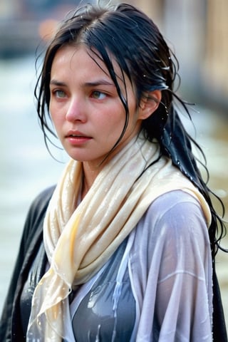 low quality photo, film grain, blur, A wet woman wrapped in a cream-colored wet woolen scarf, with a wet black overcoat draped over her wet shoulders. Her gaze is pensive, her wet black hair tousled by the wind, wet bare face, against an urban backdrop, sunlit face,girlvn,wet korean girl,more detail XL,soakingwetclothes
