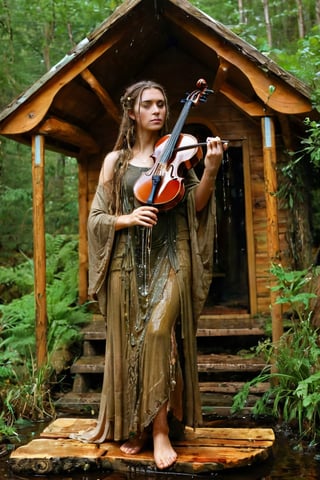 1 girl,wet Druidas,holding wet Ancient violin,
Picture an ancient wet Celtic female wet druid, adorned in flowing wet robes of earthy tones, adorned with intricate Celtic symbols and patterns,
 dwelling in a small log house hidden within the forest depths,aesthetic,soakingwetclothes