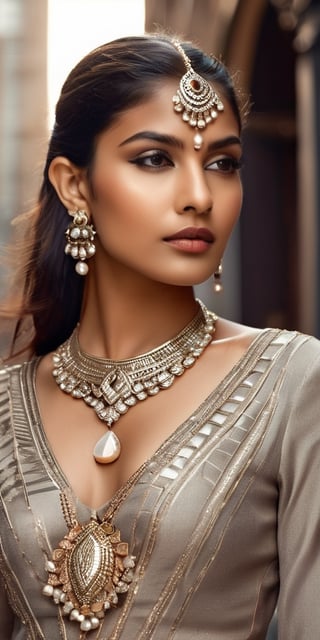 Generate hyper realistic image of a young beautiful indian woman with elegant, cat-like facial features, adorned with feline-themed jewelry and dressed in a sophisticated yet modern outfit, posing in a sleek, art deco-inspired urban environment.Extremely Realistic, up close, 