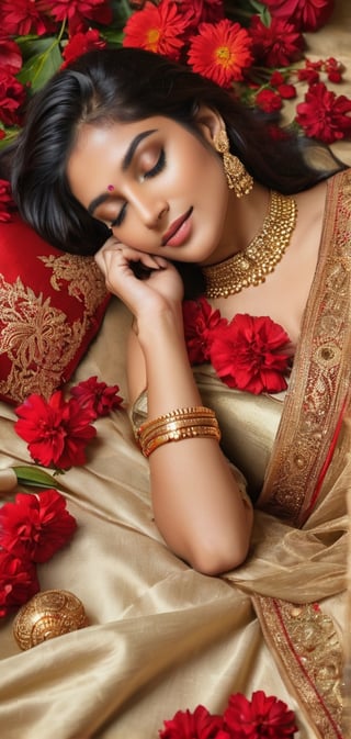Create a yoursself as female beauty, high detailed, nature background, indian girl,  with jewleary,  photo realistic, high quality,ssmiling, instagram model, sleeping on a royal bed of red flowers, smiling and seductive looks, wearing golden bangles, wide range of colours.,photo r3al,detailmaster2