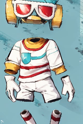 Invisible, yellow glasses, turquoise cap, red visor, white jacket with red stripes, turquoise shorts, white socks, red sneakers, white gloves