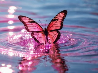 pink, little wave, flash light, butterfly, close-up, glitter, the glare of the sun on the surface of the water.