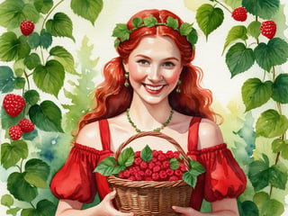 
woman in a red dress with a basket of raspberries, Slavic folk symbols, smiling girl, cheerful woman made of petals, Nordic summer, red hairband, with green ivy leaves, expressive happy complacent facial expression, Orthodoxy drawn in the style of Mark Arian, watercolor, areography