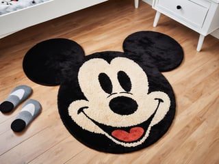 fuzzy rug in the shape of a Mickey Mouse face, on a wooden floor, by Disney, round teeth and a silly face, high rendering, onyx, Disney colors, emoji, inside a child's bedroom, realistic, product photo, swirl, symmetrical shape, cartoon character, adorable large  plan