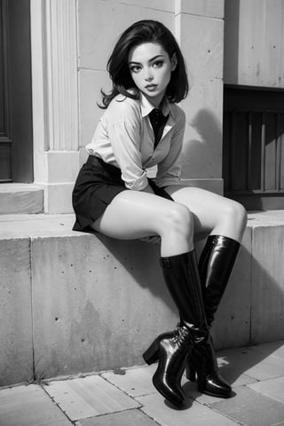 dynamic angle, dynamic shot, perfect face, absolutely beautiful young woman, 1960's, London, gogo boots, mini skirt