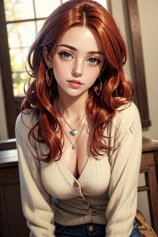 beautiful woman,red-haired,freckles,small-breasted,long-haired,brown-eyed,heart necklace,earrings,(masterpiece,high quality,best quality:1.3),detailed,vibrant colors,realistic lighting, ((leaning forwards towards camera))