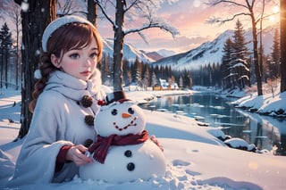 (masterpiece:1.4), (extremely detailed CG:1.4), (extremely detailed hand:1.4), normal hand, (best quality:1.4), (illustration), five fingered hand, sfw, pov, scenic view, (perfect lighting1.3), (sparkling snow-covered landscape:1.3), (glistening frost on trees:1.2), (majestic snow-capped mountains:1.2), (frozen lake with smooth ice:1.2), (delicate snowflakes falling:1.1), (crisp winter air:1.1), (soft pink and purple hues of twilight:1.1), (cozy log cabin nestled in the woods:1.1), (smoke gently rising from the chimney:1.1), (warm glow from windows:1.1), (frosted pinecones and holly berries:1.1), (playful snowmen and snow angels:1.1)