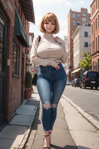 evening, graceful photo of a girl in jeans, sweater, stilettos,  (puffy eyes:1.05), straight strawberry blonde hair, (long:1.4), blunt bangs, smile slightly, happy, happiness, high detailed skin, skin pores, stunning innocent symmetry face, long eyelashes, black eyeliner, black eyeshadow,(standing), emotional, city, masterpiece, best quality, photorealistic,  massive breasts,Looking over the shoulder pose, nipple_slip
