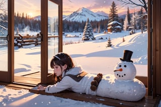 (masterpiece:1.4), (extremely detailed CG:1.4), (extremely detailed hand:1.4), normal hand, (best quality:1.4), (illustration), five fingered hand, sfw, pov, scenic view, (perfect lighting1.3), (sparkling snow-covered landscape:1.3), (glistening frost on trees:1.2), (majestic snow-capped mountains:1.2), (frozen lake with smooth ice:1.2), (delicate snowflakes falling:1.1), (crisp winter air:1.1), (soft pink and purple hues of twilight:1.1), (cozy log cabin nestled in the woods:1.1), (smoke gently rising from the chimney:1.1), (warm glow from windows:1.1), (frosted pinecones and holly berries:1.1), (playful snowmen and snow angels:1.1)