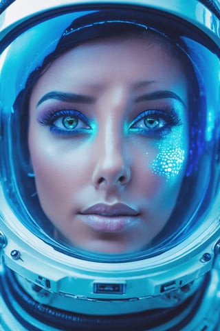 sci-fi style futuristic astronaut woman closeup portrait, detailed eyes, vibrant colours, glass reflections, dry skin, fuzzy skin, lens flare, futuristic, technological, alien worlds, space themes, advanced civilizations).
