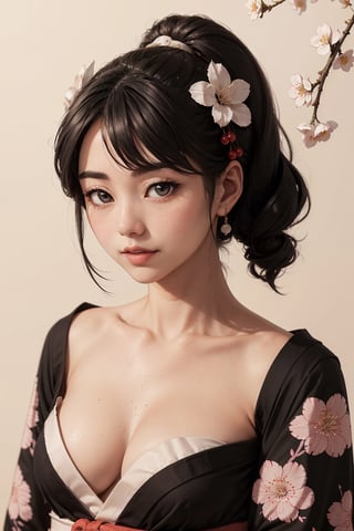 Head to toe portrait of A captivating Japanese girl in a jet black kimono, cleavage,adorned with delicate white flowery prints, exuding timeless elegance and cultural grace, cherry blossom ukiyo-e