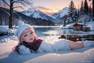 (masterpiece:1.4), (extremely detailed CG:1.4), (extremely detailed hand:1.4), normal hand, (best quality:1.4), (illustration), five fingered hand, sfw, pov, scenic view, (perfect lighting1.3), (sparkling snow-covered landscape:1.3), (glistening frost on trees:1.2), (majestic snow-capped mountains:1.2), (frozen lake with smooth ice:1.2), (delicate snowflakes falling:1.1), (crisp winter air:1.1), (soft pink and purple hues of twilight:1.1), (cozy log cabin nestled in the woods:1.1), (smoke gently rising from the chimney:1.1), (warm glow from windows:1.1), (frosted pinecones and holly berries:1.1), (playful snowmen and snow angels:1.1)