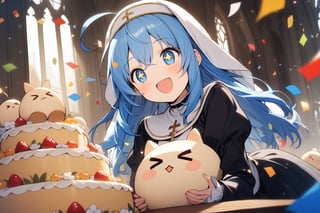 1 little girl, solo, upper body, diagonal angle,
blue hair, long hair, ahoge, blue eyes, +_+, open mouth, smile, cheerful, 
choker, nun outfit, 
hugging a humpty dumpty, >_<,
Confetti, church, a huge cake on table,
masterpiece, best quality, aestheric,