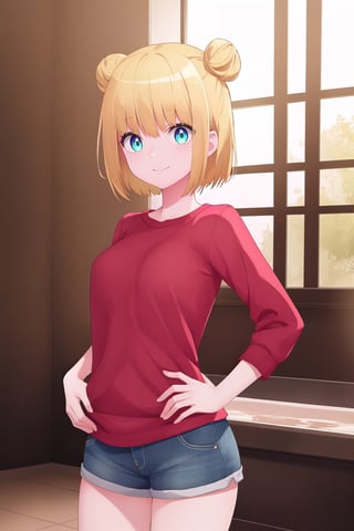 (masterpiece), best quality, high resolution, extremely detailed, detailed background, perfect lighting,1girl, solo,riri_romantic_killer_girl, blonde hair, aqua eyes, short hair, hair bun, double bun, bangs,red shirt,shorts, cute pose, BREAK indoors, hot springs, BREAK looking at viewer, (cowboy shot:1.5), (masterpiece:1.2), best quality, high resolution, unity 8k wallpaper, (illustration:0.8), (beautiful detailed eyes:1.6), extremely detailed face, perfect lighting, extremely detailed CG, (perfect hands, perfect anatomy), solo,hands on own hips,better hands,