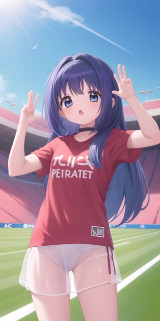 1girl,long hair,blue eyes,surprised,:o,see-through,red buruma,red sport t-shirt,stadium,,schoolyard,sunny,day,dynamic pose,looking at viewer,kawaii,ultra cute,ultra cute girl,kawaii