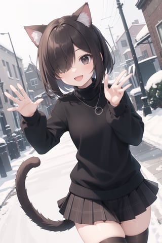 a cute cat girl,bob cut,brown hair,black eyes,black cat ears,long hair,side ponytail,hair over one eye, turtleneck,skirt, miniskirt, plaid skirt,stockings, outdoors,street,winter,snow,:d,smile,dynamic pose,looking at viewer, cowboy shot, dutch angle 