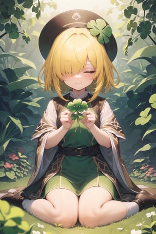 (((masterpiece))), (((best quality))), ((ultra-detailed)), (illustration), (detailed light),((an extremely delicate and beautiful)), (solo dwarf girl), smiling, (yellow-color hair, hair over eyes:1.3), sitting, wariza, holding a shamrock, (wearing oversized pointed hat with a Celtic shamrock pattern), (wearing yellow-green dwarf clothes), (shamrocks garden),cute doodle