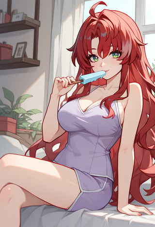 score_9,score_8_up,score_7_up, argenti_\(honkai: star rail\), 1girl, female_focus, long_hair, green_eyes, ahoge, hair_between_eyes, red_hair, red_rose, curtained_hair, pajama, shorts, holding_popsicle, night shorts, indoors, bed, bedroom, sitting, looking at viewer, cowboy shot, dutch angle,