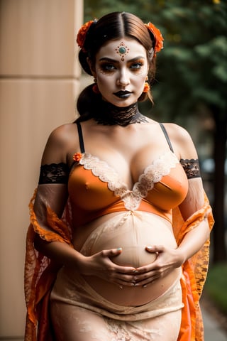 Best quality,8k,32k,Masterpiece, (UHD::1.2),full body potrait of a young woman with Catrina makeup ((latina)), ((hazel_eyes, bright)), extremely detailed eyes, dia de los muertos,(white make up,orange,black makeup,emulating a skull with the make up,orange flowers as ornament in hair),many orange flowers,attractive features,eyes,eyelid,focus,depth of field,film grain,ray tracing,contrast lipstick,slim model,backlit,(impossible_fit),((6 months pregnant, holding pregnant belly)),(((wearing vintage lace mexican gown))),((large_breasts)), absolute_cleavage,plump breasts, detailed natural real skin texture,visible skin pores,anatomically correct,night,Coyoacán background,Catrina,secuctive,photo of perfecteyes eyes,((brown shoulder length hair, tight pony tail, short pony tail))