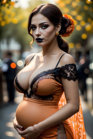 Best quality,8k,32k,Masterpiece, (UHD::1.2),full body potrait of a young woman with Catrina makeup ((latina)), ((hazel_eyes, bright)), extremely detailed eyes, dia de los muertos,(white make up,orange,black makeup,emulating a skull with the make up,orange flowers as ornament in hair),many orange flowers,attractive features,eyes,eyelid,focus,depth of field,film grain,ray tracing,contrast lipstick,slim model,backlit,(impossible_fit),pregnant,(((wearing vintage lace mexican gown))),((large_breasts)), absolute_cleavage,plump breasts, detailed natural real skin texture,visible skin pores,anatomically correct,night,Coyoacán background,Catrina,secuctive,photo of perfecteyes eyes,((brown shoulder length hair, tight pony tail))