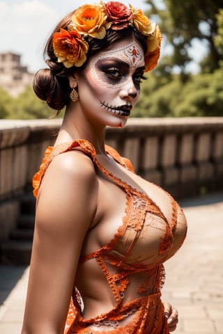 Best quality,8k,32k,Masterpiece, (UHD::1.2),full body potrait of a young woman with Catrina makeup ((latina)), ((hazel_eyes, bright)), extreme detailed eyes, dia de los muertos,(white make up,orange,black makeup,emulating a skull with the make up,orange flowers as ornament in hair)),many orange flowers,and attractive features,eyes,eyelid,focus,depth of field,film grain,ray tracing,contrast lipstick,slim model, (impossible_fit), toned abs, (((wearing vintage lace mexican gown))),((large_breasts)), absolute_cleavage,plump breasts, detailed natural real skin texture,visible skin pores,anatomically correct,night,(teotihuacan),Catrina, secuctive, hourglass_figure ,photo of perfecteyes eyes, ((brown shoulder length hair, tight bun))