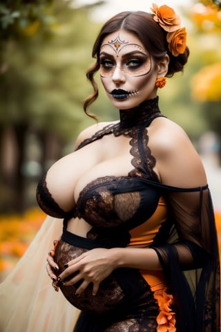 Best quality,8k,32k,Masterpiece, (UHD::1.2),full body potrait of a young woman with Catrina makeup ((latina)), ((hazel_eyes, bright)), extremely detailed eyes, dia de los muertos,(white make up,orange,black makeup,emulating a skull with the make up,orange flowers as ornament in hair),many orange flowers,attractive features,eyes,eyelid,focus,depth of field,film grain,ray tracing,contrast lipstick,slim model,backlit,(impossible_fit),pregnant,(((wearing vintage lace mexican gown))),((large_breasts)), absolute_cleavage,plump breasts, detailed natural real skin texture,visible skin pores,anatomically correct,night,Coyoacán background,Catrina,secuctive,photo of perfecteyes eyes,((brown shoulder length hair, tight pony tail))
