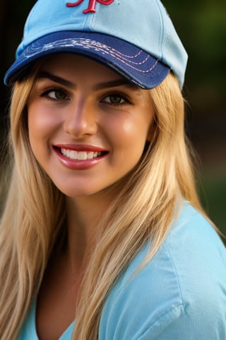 generate an image of a beautiful blonde woman, close up headshot, (detailed hazel eyes), you can see every fiber in her clear hazel eyes, big beautiful smile with perfect teeth, wearing a light blue baseball cap with her hair down.