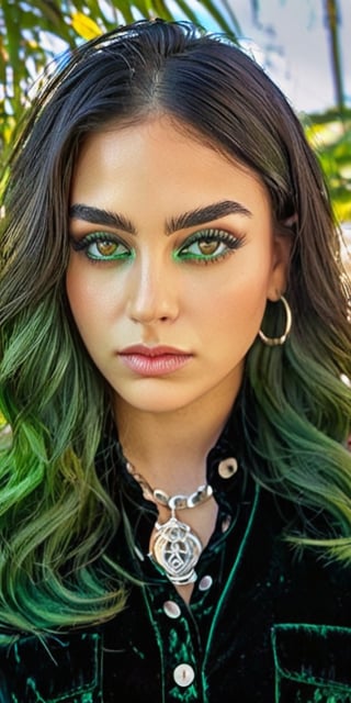 ((top quality)), ((masterpiece)), close portrait of a young gothic mexican girl with a  touch of punky, ((front view,)) With a black velvet unbuttoned shirt, with a rebellious appearance, black shaded eyes, green hair, intricate details, highly detailed light hazel eyes, highly detailed mouth, cinematic image, illuminated by soft light,photo of perfecteyes eyes,MelissaB