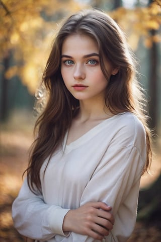 instagram photo, young 16yo cute lustful face russian woman in Anxious Twitch, (shot from distance) ,  medium body shot,  Smoldering, (sweat), (wet body),   depth of field, ( gorgeous:1.2), detailed face, morning, soothing tones, muted colors, high contrast, (natural skin texture, hyperrealism, soft light, sharp),  Cannon EOS 5D Mark III, 85mm, brown hair, glowing silver eyes, young, long hair, pale skin, white castle hall, full white forest, hoop earrings, smirking, winter, white uniform, power, magic, teenager