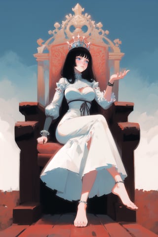 Goddess resting on her throne, calm, white and blue color palette, simple white dress, black hair, big throne, heaven, (aura:1.1), clouds, sky, jewelery, bracelet, bored goddess, barefoot, resting in big throne, large breasts, simple dress, full body, 1girl, long hair, blue eyes, imposing, large throne, black bracelets, tarot card, shadows and highlights, sharp, detailed, intricate patterns, stone throne, hdr, hd, high resolution, soothing tones, dramatic, 1500s, painting, victorian, contrast,