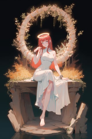 Goddess, red hair, white chinese dress, gradient background, large breasts, 1girl, solo, best quality, masterpiece, black background, full body, tarot_style, heavenly, aura, godess, detailed dress, motif, intricate dress design, chinese, simple white dress, sleeveless chinese dress, barefoot, black foot bracelet, simple background, sitting in heaven, vines, roses, leaves, tree, mature, calm, serenity, empress, goddess being worshipped, resting, extremely beautiful, beauty, vibrant red hair, glowing, large breasts, feet, perfect woman, tori gate, halo, resting, leaves, dangling feet, high, sitting, 3 quarters