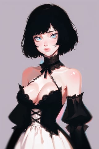 1girl, short hair, upper body, detailed, simple background, large breasts, bare shoulders, sleeveless, black hair, best quality, masterpiece, cowboy shot, intricate design, black victorian dress