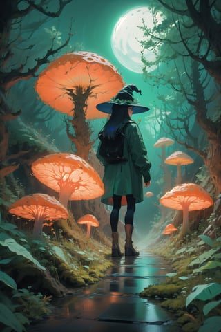 fantasy forests, woods, 1girl, cute girl, explorer clothing, EpicArt, girl turn your back on the audience, Backview, anime, colorful, iridescent, huoshen, full body, DonMG414, best quality, alien forest, giant mushrooms, witch hat, green color palette, dark blue sky, dark theme, giaant trees