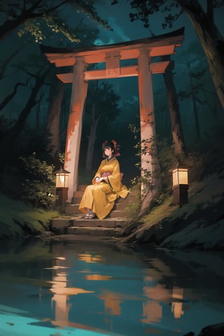 1girl sitting in front of a torii, in the jungle, best quality, black hair, mist, kimono, moss, tree log, scenery, rainforest, vibrant color, low angle shot, vibrant color, cinematic lighting, calm, serenity, Japanese shrine, sitting, wood bridge, stairs, reflections, blue water pond, feet in water, shrine candles lights, atmospheric,