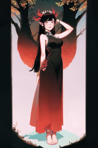 (high quality:1.3), full body, red stocking, large breasts, black bracelet, (sleeveless chinese dress:1.3), Goddess in white dress, black hair, long hair, large breasts, foot bracelet, barefoot, full body, black bracelet, simple background, garden, vines and leaves, trees, standing, chinese_clothes, dress patterns, black wings, demon horns, red horns, gradient colors, vivid colors, Goddess in white dress, black hair, long hair, large breasts, foot bracelet, barefoot, full body, black bracelet, simple background, garden, vines and leaves, trees, standing