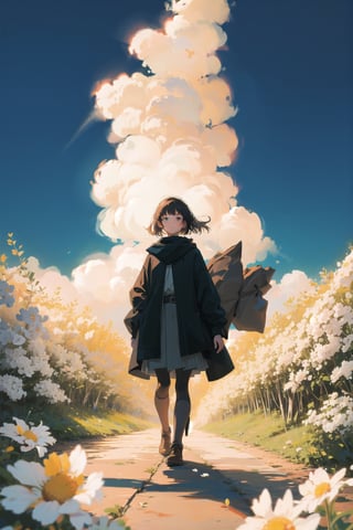 masterpiece, best quality, 1girl, elf adventurer walking through a field of white flowers, sunbeam, volumetric lighting