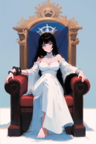 Goddess resting on her throne, calm, white and blue color palette, simple white dress, black hair, big throne, heaven, aura, clouds, sky, jewelery, bracelet, bored goddess, barefoot, resting in big throne, large breasts, simple dress, full body, 1girl, long hair, blue eyes, imposing, large throne, black bracelets, tarot card, shadows and highlights, sharp, detailed, intricate patterns,