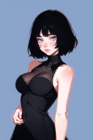 1girl, short hair, upper body, detailed, simple background, large breasts, bare shoulders, sleeveless, black hair, best quality, masterpiece, cowboy shot, intricate design, black victorian dress