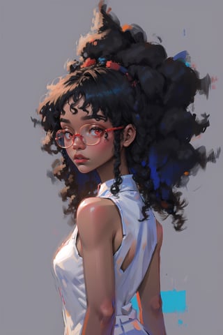 best quality, 1girl, lupusregina, blue hair, twin braids, red eyes, (glowing eyes:0.5), afro, dark skinned female, dark skin, curly hair, masterpiece, best quality, simple background, upper body, arms behind back, glasses